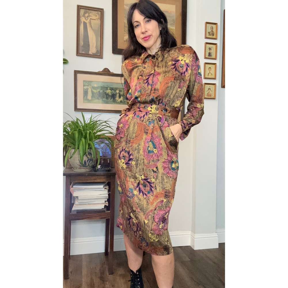 Vintage 80s Joan Martin GGM Abstract Floral Midi Dress Long Sleeve